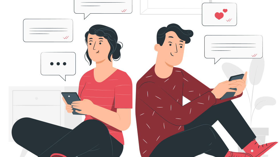 Zwei Personen sitzen Rücken an Rücken, vertieft in ihre Smartphones, mit symbolischen Chatblasen um sie herum, die die Bedeutung von mobiler Erstzugänglichkeit in der digitalen Kommunikation unterstreichen.