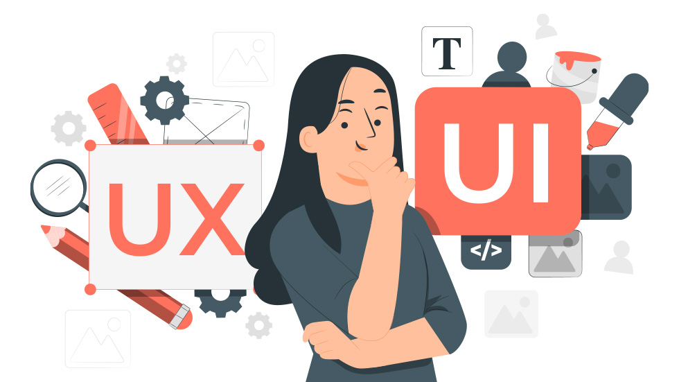Eine nachdenkliche Designerin betrachtet Elemente von User Experience (UX) und User Interface (UI), umgeben von Symbolen wie einem Stift, Zahnrad, Lupe, und diversen Benutzeroberflächenkomponenten, die den Gestaltungsprozess visualisieren.